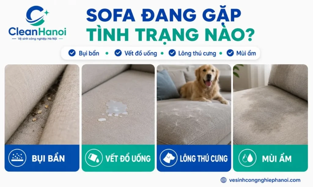 các tình trạng thường gặp trên sofa gia đình gồm bụi trong khe đệm, vết sữa, đồ ăn, lông thú cưng và mùi ẩm.