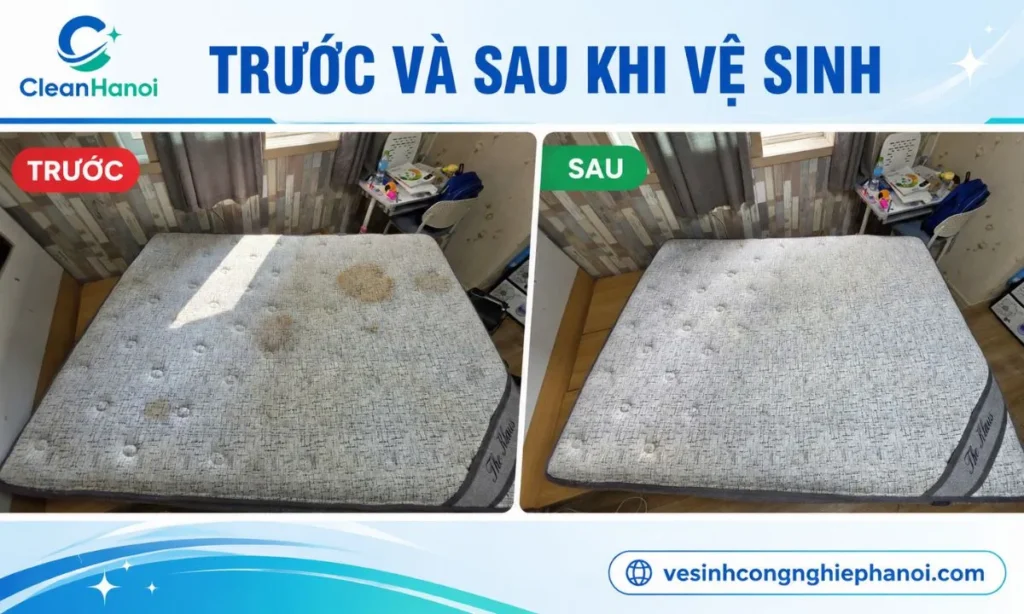so sánh tình trạng bề mặt của cùng một chiếc đệm trước và sau quá trình vệ sinh.