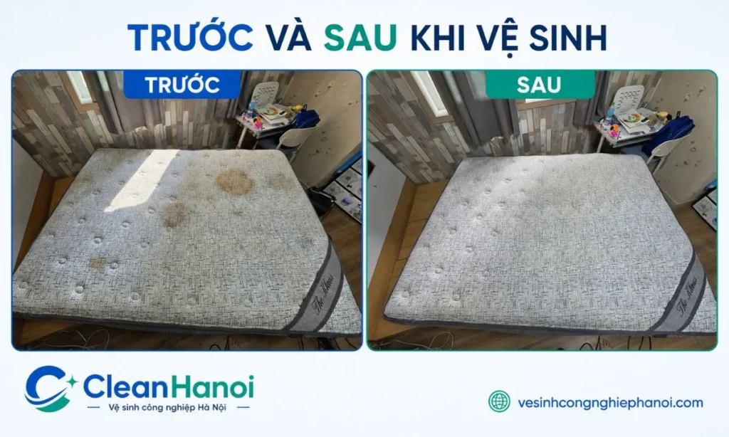 Hình ảnh thực tế so sánh tình trạng của cùng một chiếc đệm trước và sau khi được CleanHanoi vệ sinh.
