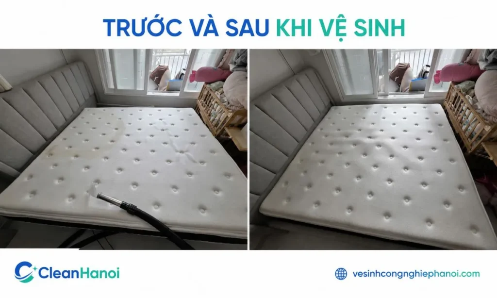 So sánh bề mặt cùng một chiếc đệm trước và sau khi vệ sinh