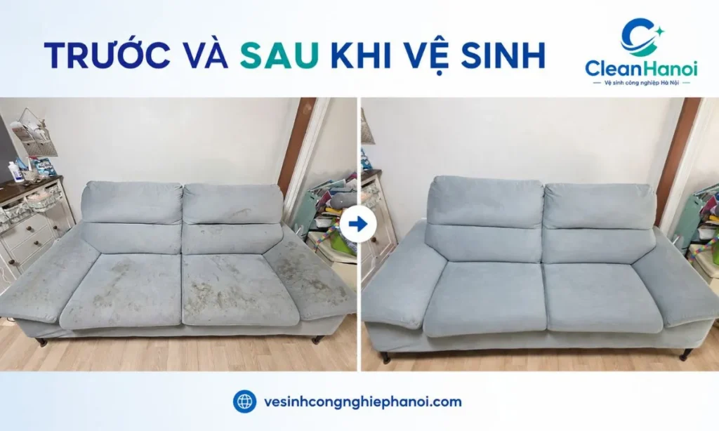 Bề mặt ghế sofa trước và sau khi được CleanHanoi làm sạch