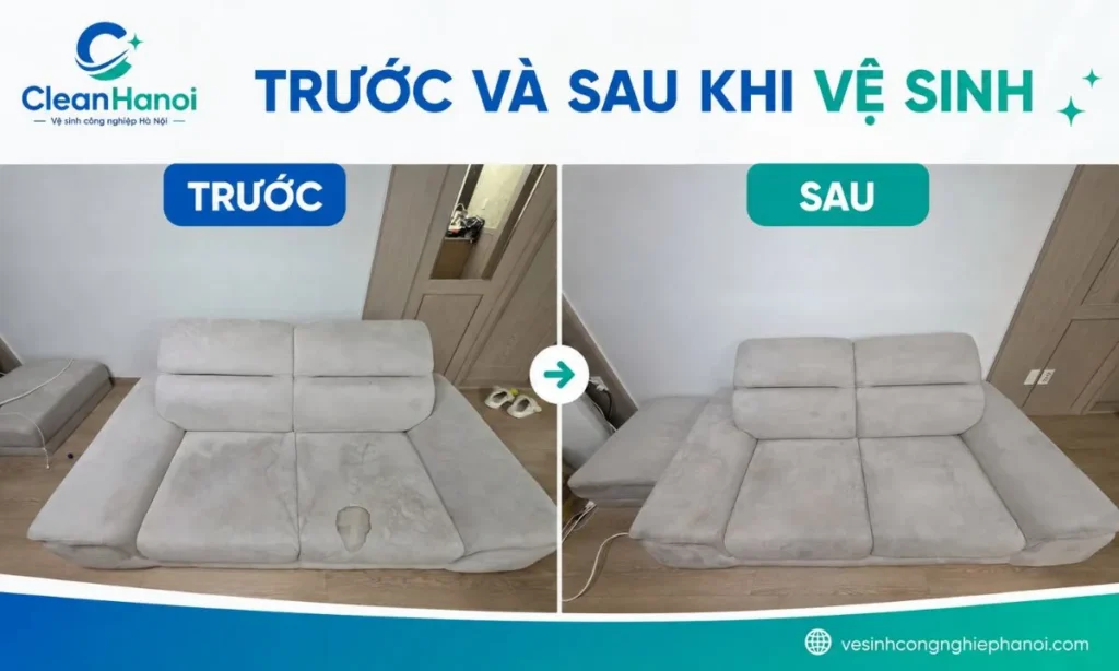 so sánh tình trạng của cùng một bộ sofa trước và sau khi được CleanHanoi vệ sinh.