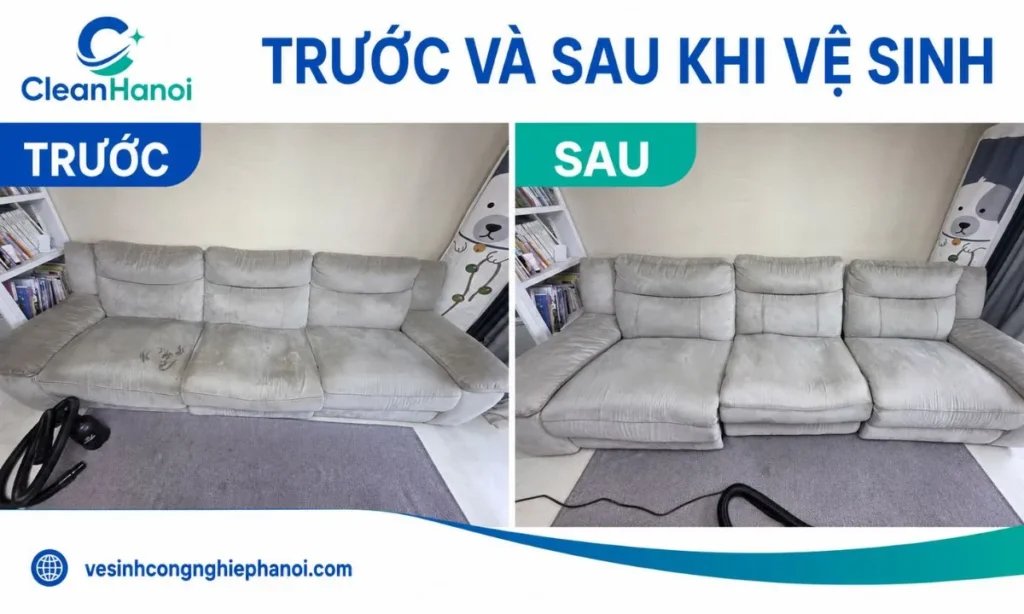 so sánh tình trạng của cùng một bộ sofa nỉ hoặc sofa vải trước và sau khi CleanHanoi vệ sinh.