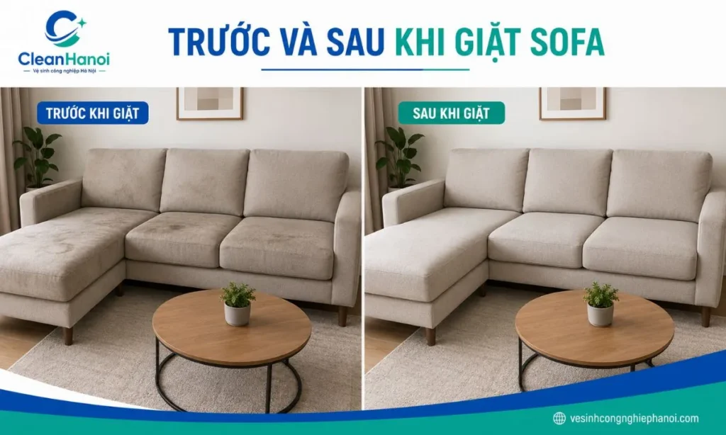 Hình ảnh cùng một bộ sofa trước và sau khi được hút bụi, xử lý vết bám và làm sạch theo tình trạng thực tế.