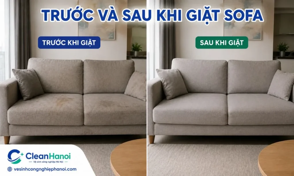Hình ảnh cùng một bộ sofa trước và sau khi được hút bụi, xử lý vết bám và làm sạch theo tình trạng thực tế.