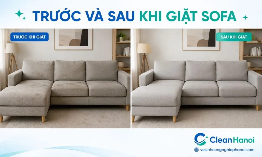 Hình ảnh cùng một bộ sofa trước và sau khi được CleanHanoi hút bụi, xử lý vết bám và làm sạch theo tình trạng thực tế.