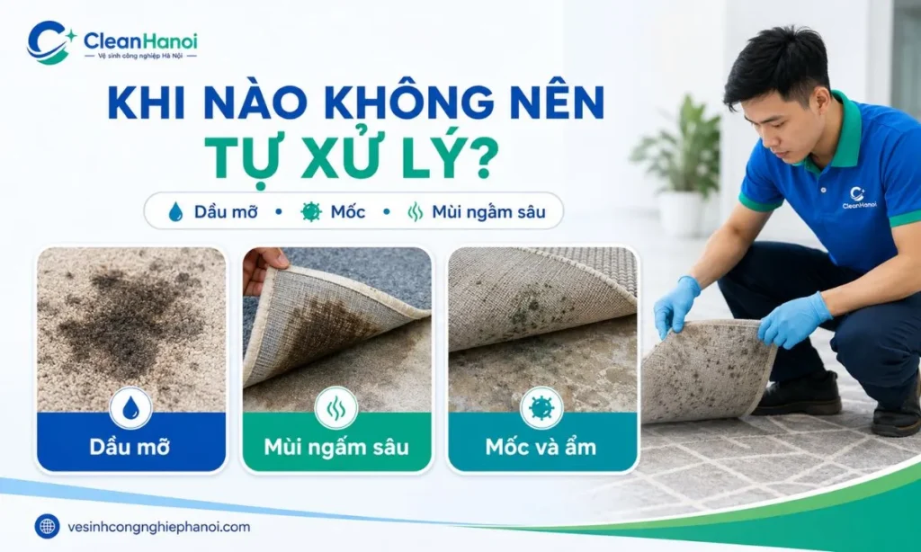 các tình trạng thảm cần phương pháp làm sạch chuyên sâu như vết dầu mỡ, nước tiểu thú cưng, nấm mốc, mùi ẩm và chất bẩn ngấm xuống lớp đế.