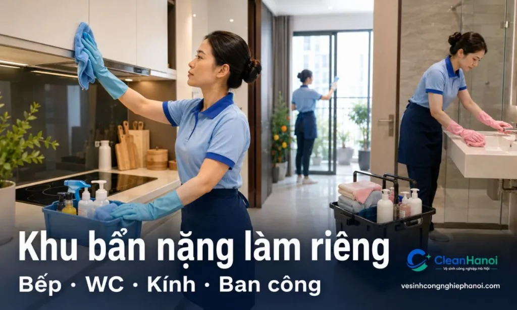 Khi dọn nhà Tết, các khu vực bẩn nặng như bếp, WC, kính, ban công, ray cửa và khu vực nhiều dầu mỡ cần được tách riêng, dùng dụng cụ phù hợp và làm theo thứ tự để tránh làm bẩn chéo.