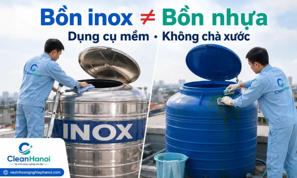 Bồn inox cần tránh vật sắc hoặc dụng cụ cứng gây xước bề mặt; bồn nhựa cần tránh chà quá mạnh, chú ý rong rêu, cặn bám và khu vực nắp bồn, sau đó xả rửa kỹ và đậy kín nắp.