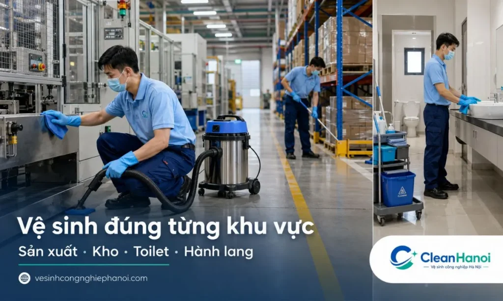 Vệ sinh khu sản xuất, kho hàng và khu phụ trợ trong nhà xưởng cần lau đúng phạm vi cho phép, không tự ý di chuyển máy móc, tránh làm ướt hàng hóa, vệ sinh lối đi, gầm kệ, chân kệ, toilet, hành lang và cầu thang.