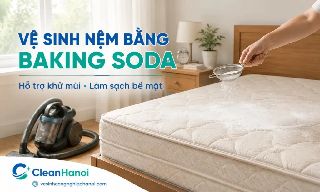 cách vệ sinh nệm bằng baking soda tại nhà, gồm bước rắc bột mỏng và chuẩn bị máy hút bụi để làm sạch bề mặt.