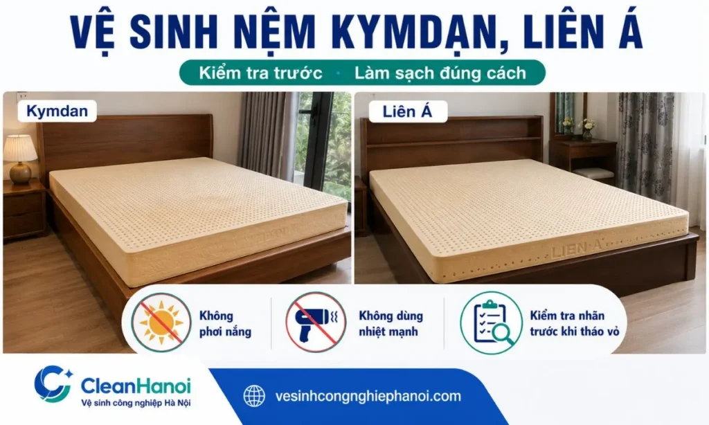Kiểm tra áo bọc và bề mặt trước khi vệ sinh nệm Kymdan, Liên Á tại nhà