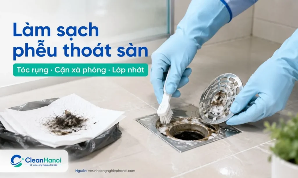 Khi cống nhà vệ sinh bị hôi, cần nhấc nắp phễu thoát sàn, lấy tóc rụng, rác nhỏ, cặn xà phòng và cọ sạch mặt dưới nắp phễu, khe thoát nước, sàn quanh miệng cống.