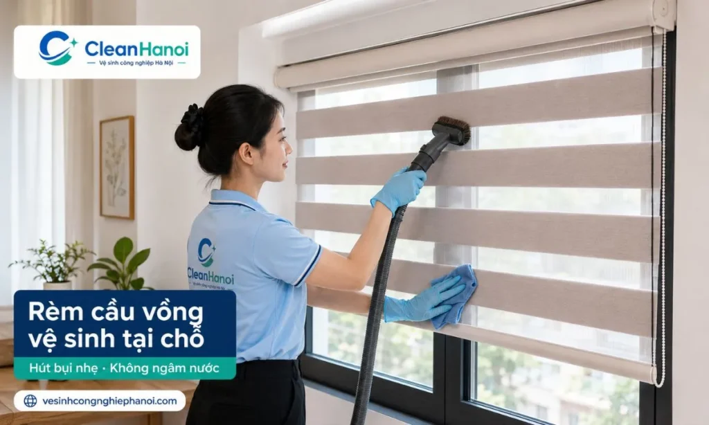 Rèm cầu vồng nên được vệ sinh tại chỗ bằng máy hút bụi đầu mềm và khăn mềm hơi ẩm, tránh ngâm nước, chà mạnh hoặc để nước chảy vào hộp rèm, trục cuốn và dây kéo.