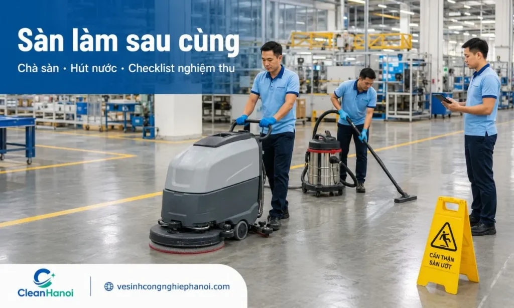 Vệ sinh sàn nhà xưởng sau cùng gồm quét hoặc hút bụi khô, xử lý vết bẩn cục bộ, chọn máy chà sàn, pad và hóa chất phù hợp, hút nước bẩn, làm khô khu vực và nghiệm thu bằng checklist.
