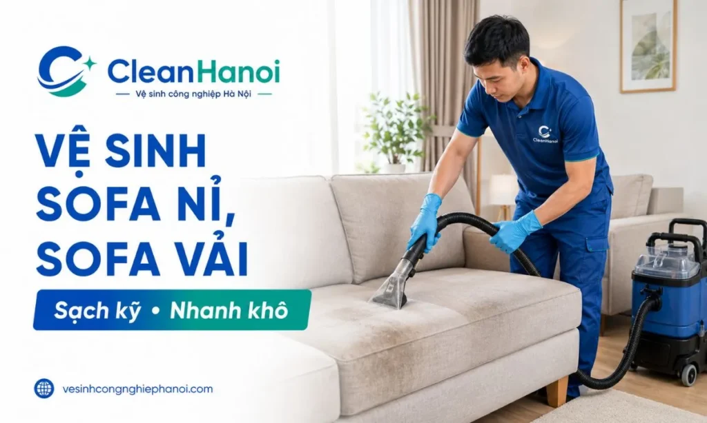 nhân viên CleanHanoi vệ sinh sofa nỉ, sofa vải bằng thiết bị phun hút, tập trung làm sạch mặt ngồi, tay vịn và khe ghế.