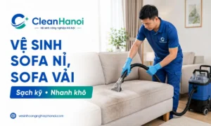 nhân viên CleanHanoi vệ sinh sofa nỉ, sofa vải bằng thiết bị phun hút, tập trung làm sạch mặt ngồi, tay vịn và khe ghế.