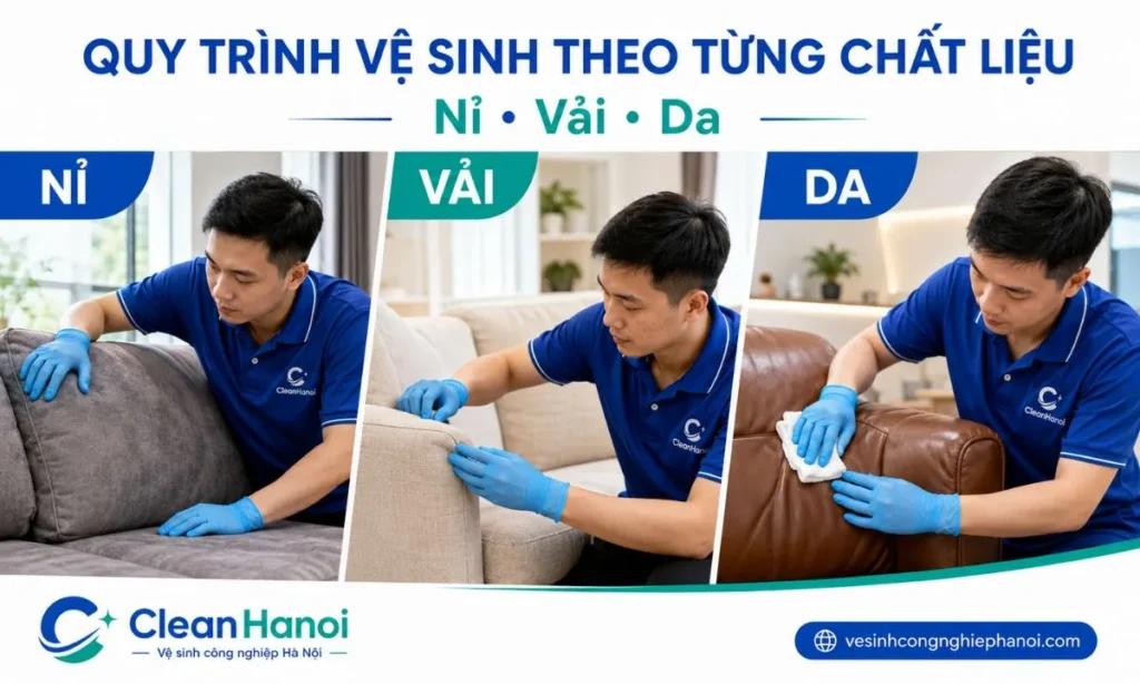 nhân viên CleanHanoi kiểm tra chất liệu, màu bề mặt, đường may và tình trạng ghế trước khi thực hiện vệ sinh sofa.