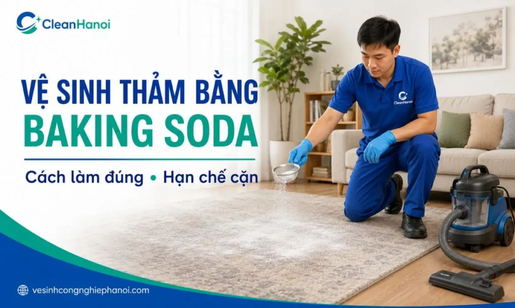 cách vệ sinh thảm bằng baking soda tại nhà, gồm rắc một lớp bột mỏng trên bề mặt thảm khô và hút sạch bằng máy hút bụi.