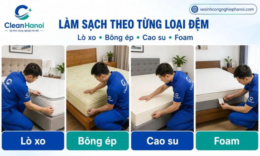 Đệm lò xo, bông ép, cao su và foam cần cách vệ sinh phù hợp với từng cấu tạo