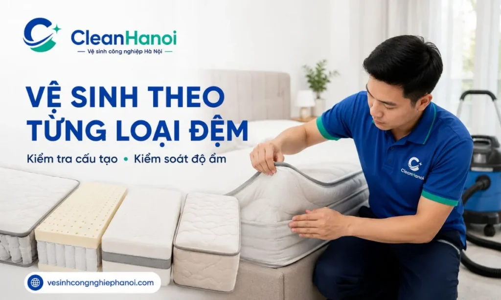 nhân viên CleanHanoi kiểm tra lớp vải bọc, đường may, độ dày và chất liệu đệm trước khi thực hiện làm sạch.