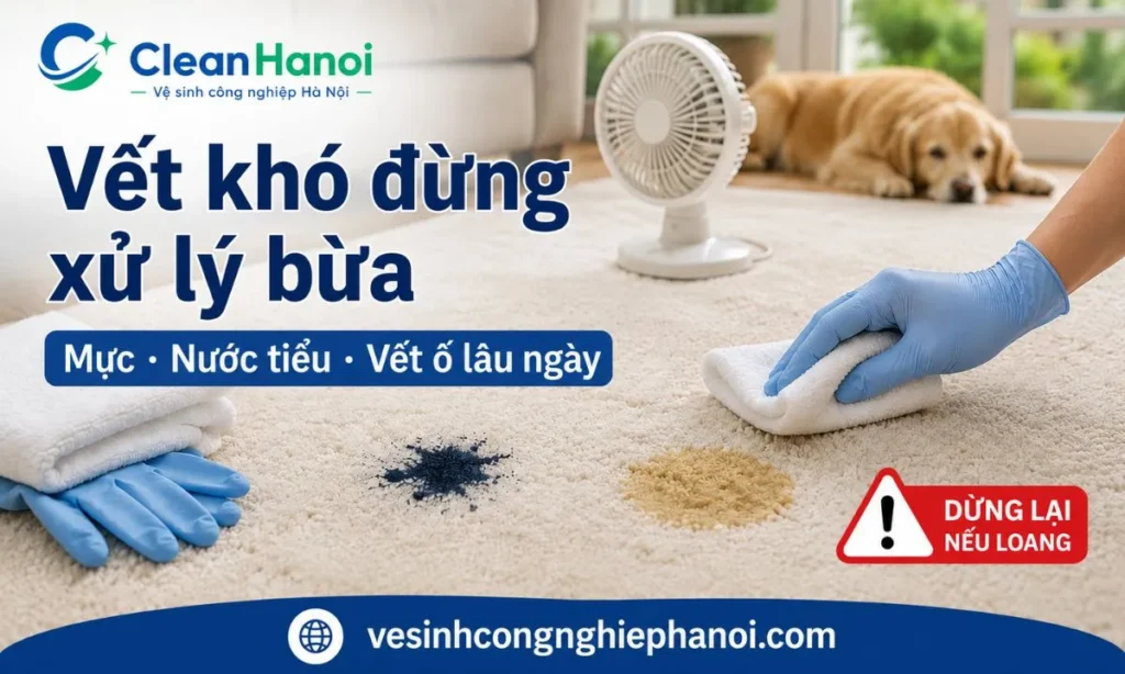 Các vết khó trên thảm như mực, nước tiểu thú cưng, dầu mỡ ngấm sâu, vết ố lâu ngày hoặc thảm sáng màu dễ phai cần xử lý thận trọng, không nên tự thử nhiều hóa chất nếu vết càng loang hoặc còn mùi.