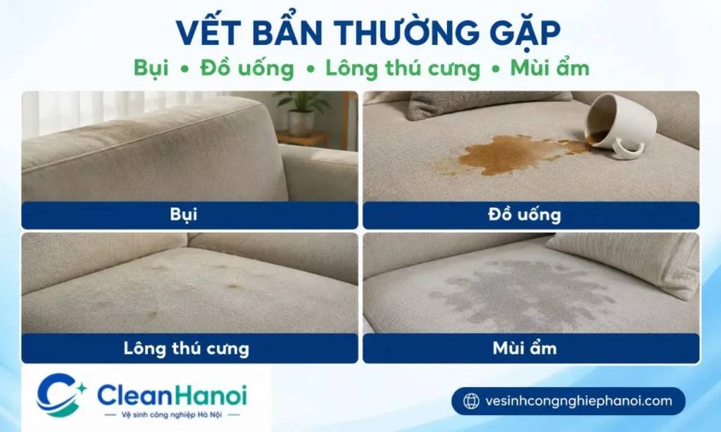 các tình trạng thường gặp trên sofa nỉ và sofa vải gồm bụi, lông thú cưng, vết đồ uống và khu vực tay vịn bị bám bẩn.