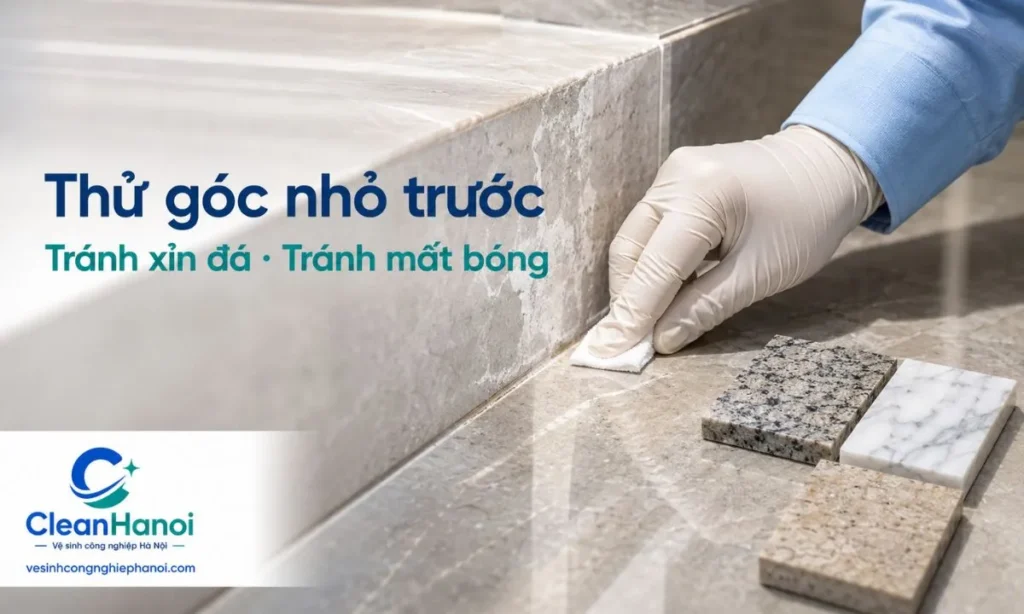 Trước khi tẩy xi măng trên nền đá marble, granite, đá hoa cương hoặc đá tự nhiên, cần xác định loại đá, kiểm tra độ bóng, lớp phủ và thử dung dịch ở góc khuất để tránh xỉn màu, loang hoặc ăn mòn.