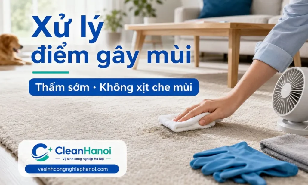 Mùi hôi trên thảm do nước tiểu thú cưng, thức ăn, đồ uống hoặc vết bẩn cục bộ cần được thấm sớm, xử lý cả vết và mùi, làm khô mặt trên và mặt dưới thay vì chỉ xịt thơm để che mùi.