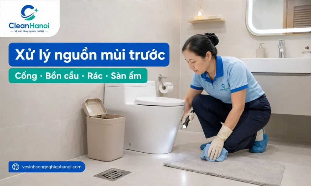 Trước khi dùng tinh dầu, sáp thơm hoặc xịt phòng, cần kiểm tra và xử lý nguồn mùi từ thoát sàn, bồn cầu, thùng rác, sàn ẩm, khăn lau, thảm chân và các góc khuất trong nhà vệ sinh.