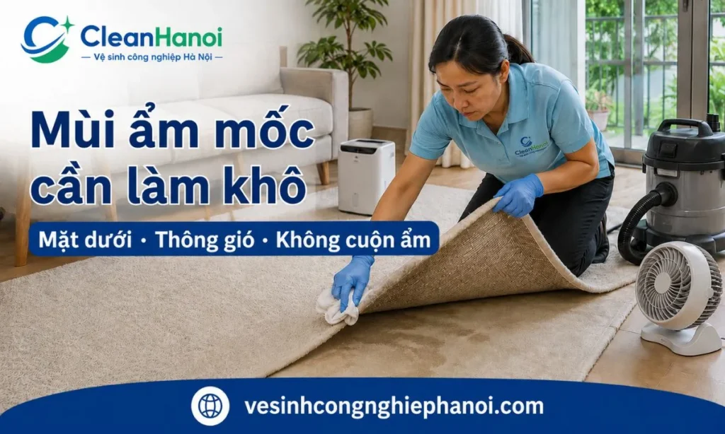 Khi thảm bị mùi ẩm mốc hoặc mùi nồm, cần nhấc thảm kiểm tra mặt dưới, làm thoáng, bật quạt hoặc máy hút ẩm, xử lý nguồn ẩm và không cuộn thảm khi chưa khô hoàn toàn.