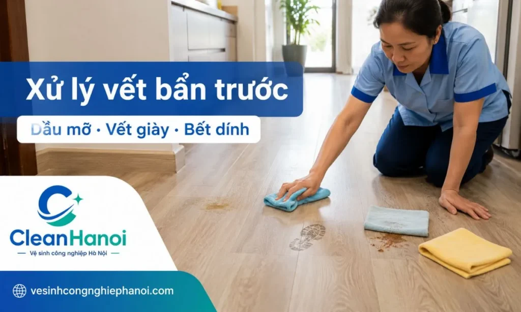 Vết dầu mỡ, nước ngọt, bùn đất, vết giày dép hoặc vết bết dính trên sàn nhựa nên được xử lý riêng bằng khăn mềm và dung dịch pha loãng trước khi lau toàn bộ sàn.