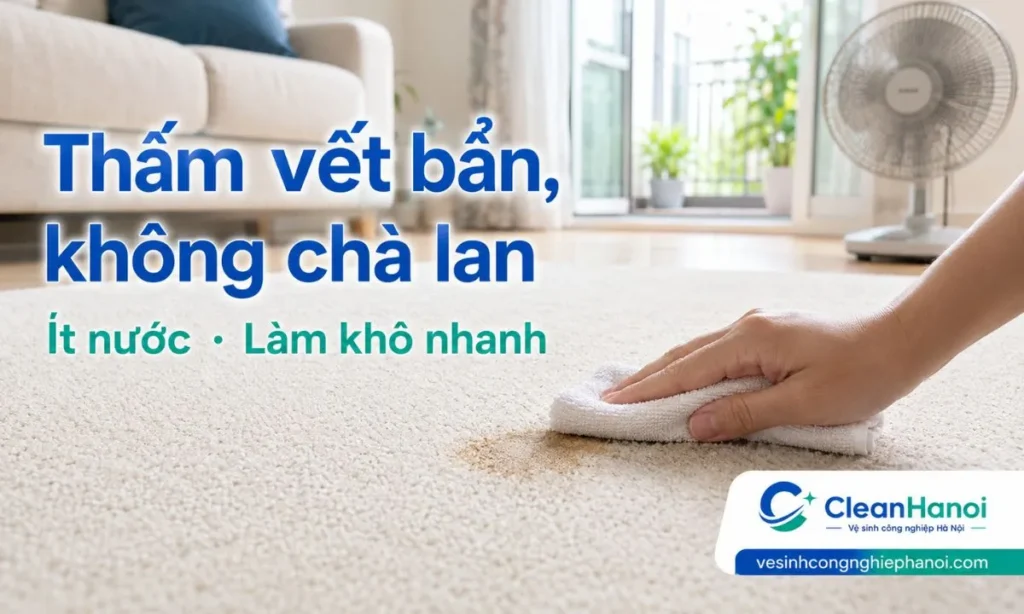 Khi thảm bị đổ nước uống hoặc đồ ăn, nên dùng khăn sạch thấm từ ngoài vào trong, không chà xoáy mạnh, sau đó lau lại bằng khăn ẩm vắt ráo và làm khô thảm bằng quạt hoặc không gian thoáng.