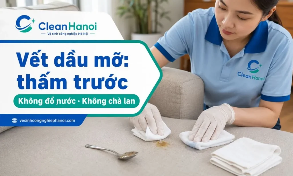 Vết dầu mỡ trên sofa cần được thấm bằng khăn giấy hoặc khăn khô trước, gỡ phần thức ăn còn lại và chỉ dùng dung dịch phù hợp với lượng nhỏ, tránh đổ nước hoặc nước rửa chén đậm đặc trực tiếp lên ghế.