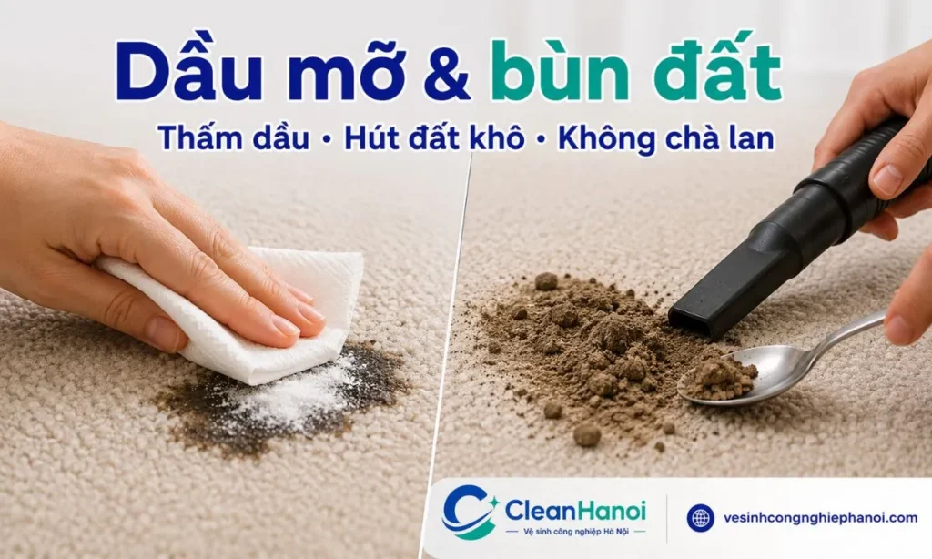 Vết dầu mỡ trên thảm nên được thấm dầu trước, có thể dùng bột khô phù hợp để hút bớt dầu; vết bùn đất nên để khô bớt, gỡ đất khô và hút bụi trước khi lau ẩm.