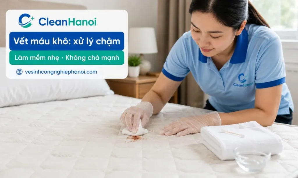 Vết máu khô trên nệm và vải dày cần được làm mềm nhẹ bằng nước lạnh, thấm từng lớp, thử dung dịch ở vị trí khuất nếu cần và làm khô kỹ, không nên cạy, cạo, chà mạnh hoặc dùng nhiều hóa chất cùng lúc.