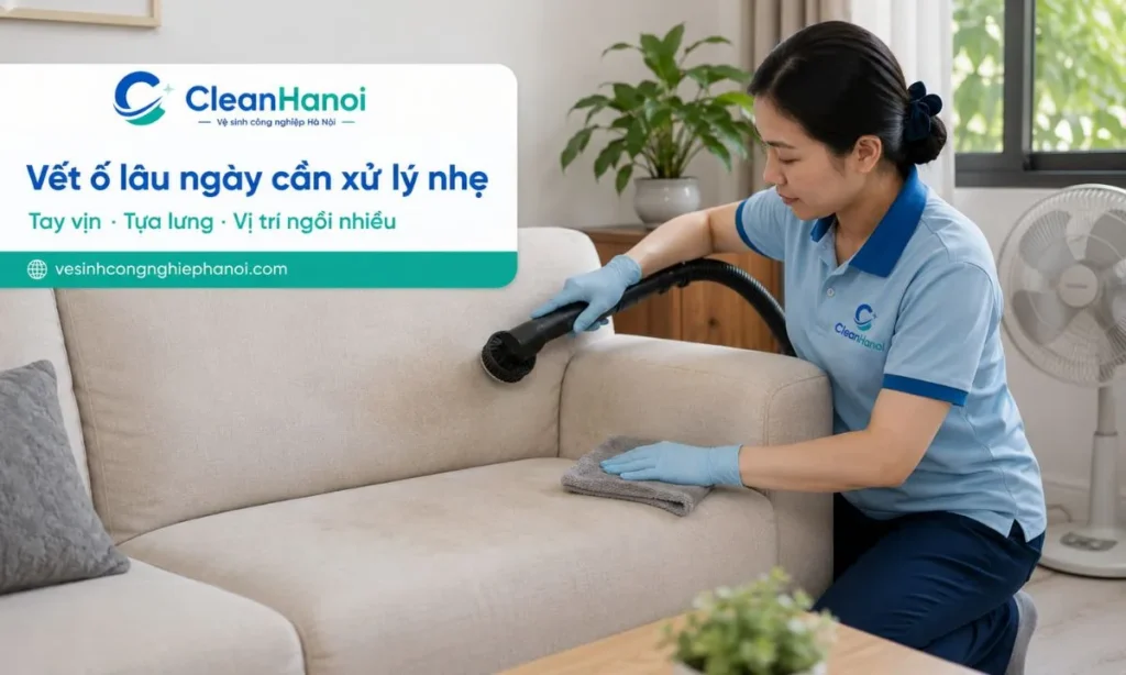 Vết ố lâu ngày trên tay vịn, tựa lưng và vị trí ngồi nhiều của sofa thường do bụi bẩn, mồ hôi, dầu cơ thể hoặc cặn xà phòng; cần hút bụi, lau nhẹ bằng dung dịch phù hợp và làm khô kỹ.