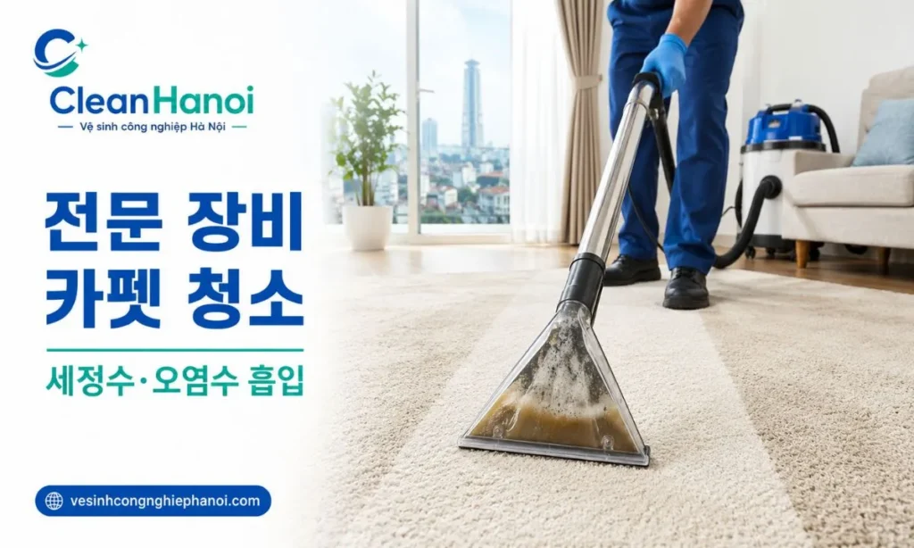 카펫 소재와 오염 상태에 맞는 세정제를 사용하고 전문 습식 흡입 장비로 세정수, 오염수와 남은 수분을 회수하는 작업입니다.