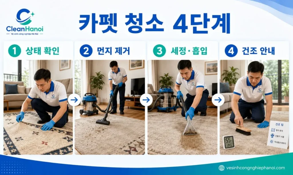 카펫 소재와 오염 상태 확인, 건식 먼지 제거, 전문 세정 및 오염수 흡입, 최종 확인과 건조 안내로 진행되는 CleanHanoi의 작업 과정입니다.
