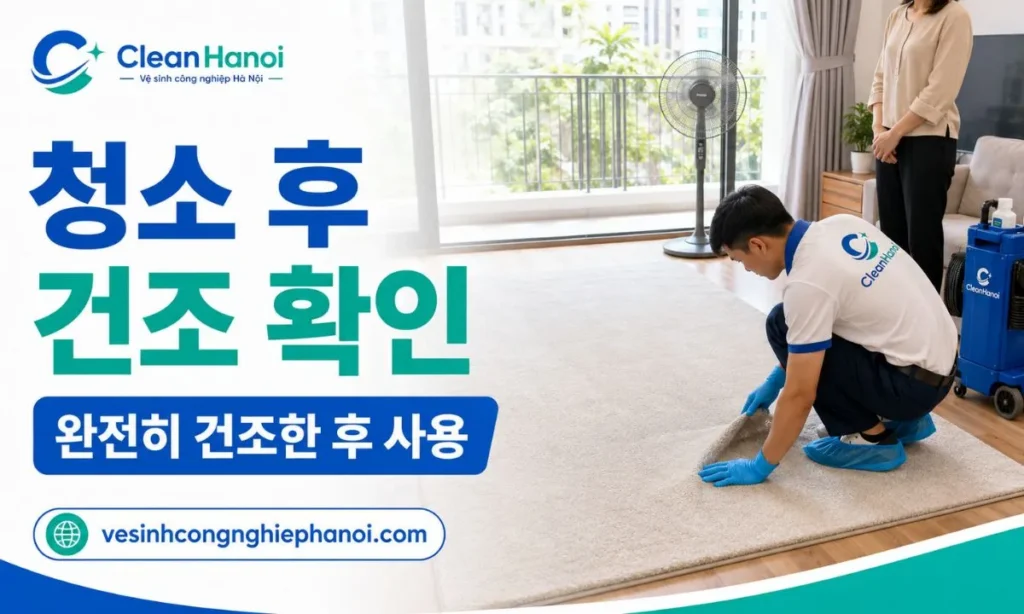 카펫 청소를 마친 후 표면, 가장자리와 남은 습기를 확인하고 실내 환기와 건조 방법을 안내하는 CleanHanoi의 작업 모습입니다.