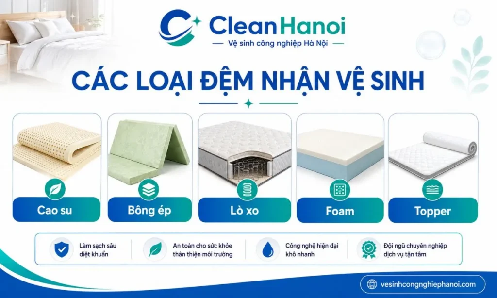Các loại đệm CleanHanoi nhận vệ sinh gồm cao su, bông ép, lò xo, foam và topper