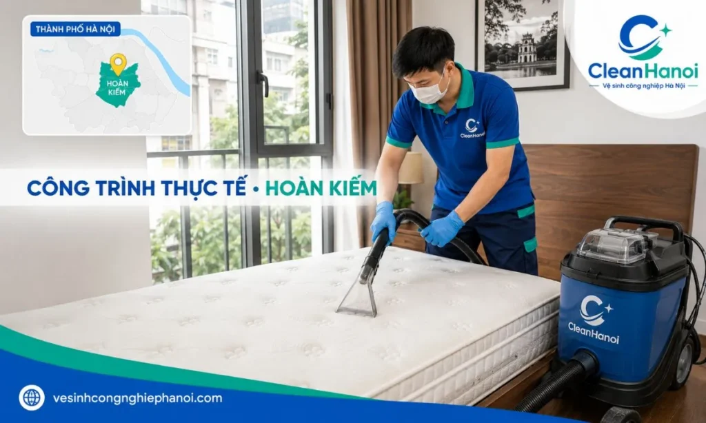 Kỹ thuật viên CleanHanoi giặt đệm tại nhà khách hàng ở Hoàn Kiếm