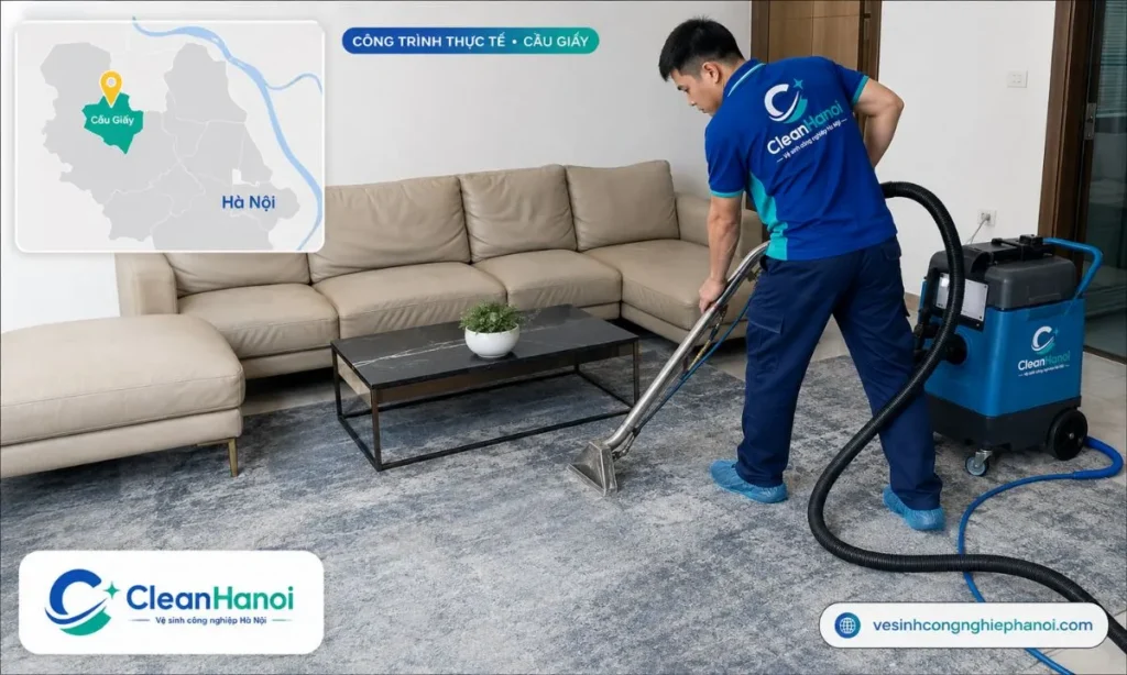 CleanHanoi giặt thảm tại công trình thực tế ở Cầu Giấy