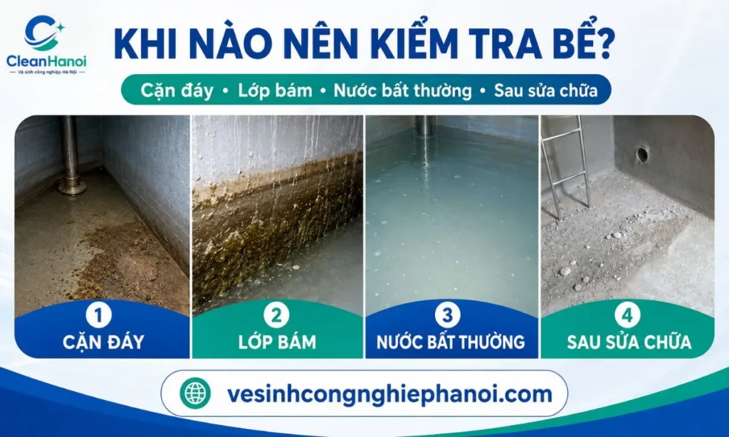 Bể nước có cặn đáy lớp bám thành và dấu hiệu bất thường