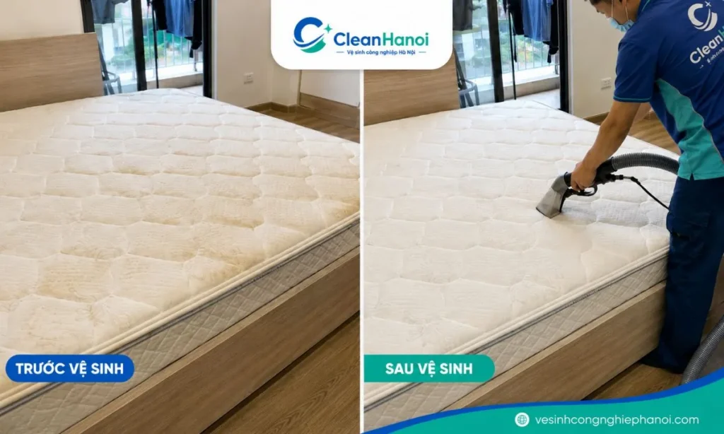 Bề mặt đệm trước và sau khi vệ sinh tại Ba Đình
