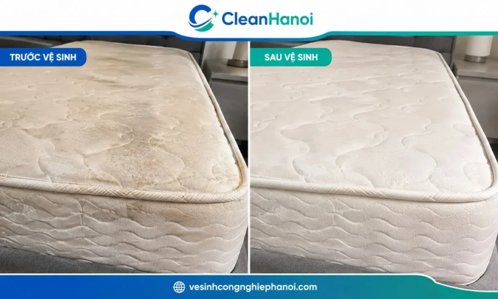 Bề mặt đệm trước và sau khi vệ sinh tại Hoàn Kiếm