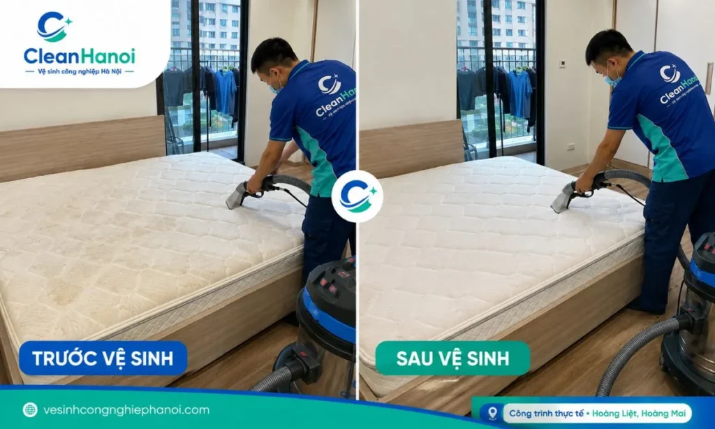 Bề mặt đệm trước và sau khi vệ sinh tại Hoàng Mai