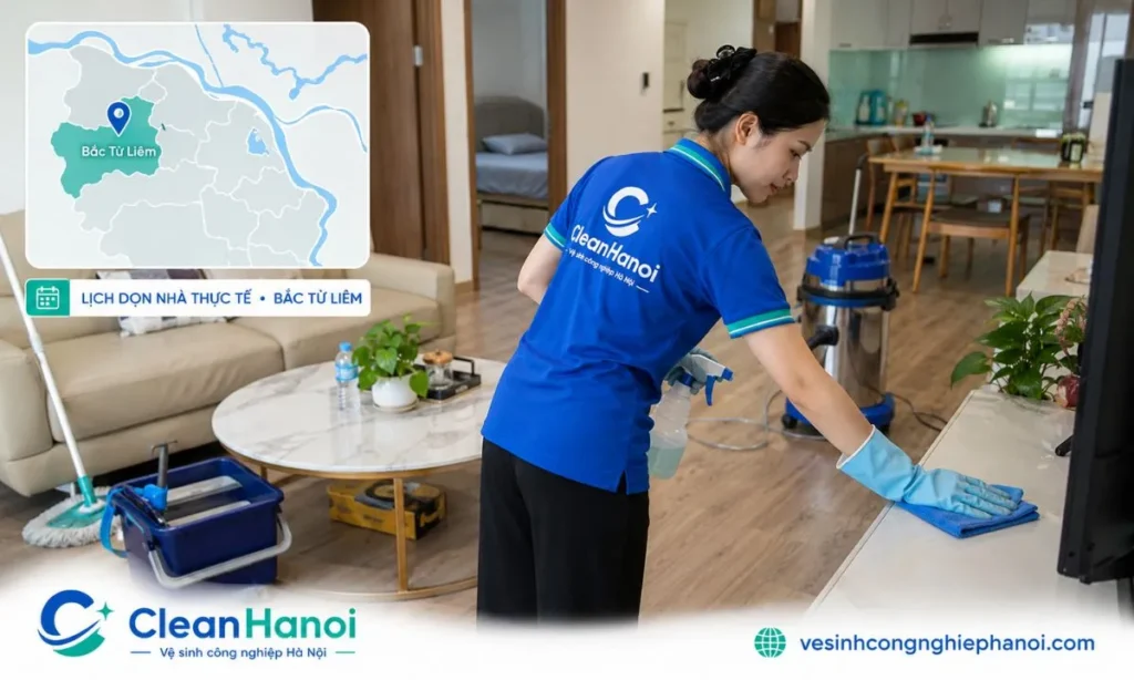 Nhân viên CleanHanoi dọn nhà tại địa chỉ khách hàng ở Bắc Từ Liêm