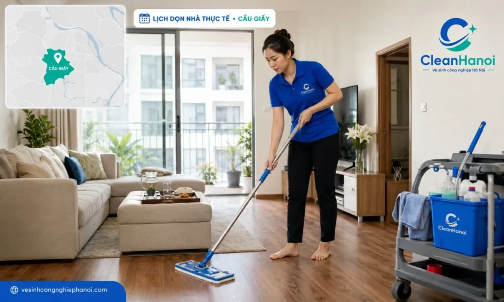 Nhân viên CleanHanoi dọn nhà tại địa chỉ khách hàng ở Cầu Giấy