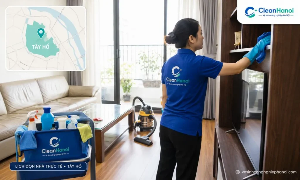 Nhân viên CleanHanoi dọn nhà tại địa chỉ khách hàng ở Tây Hồ